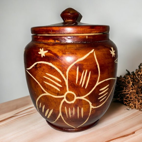 Handcarved Wood Jar Canister Vintage Floral Lid Eclectic Rustic Decor Brown - Picture 1 of 5